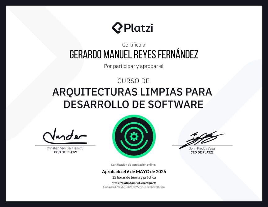 Diploma del Curso de Arquitecturas Limpias para Desarrollo de Software