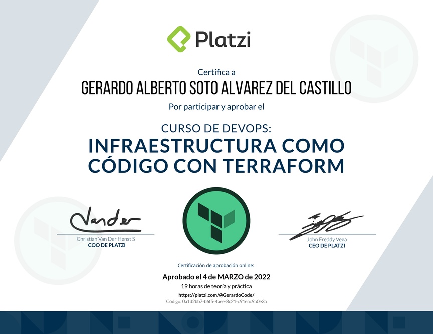 Diploma del Curso de Infraestructura Como Código con Terraform