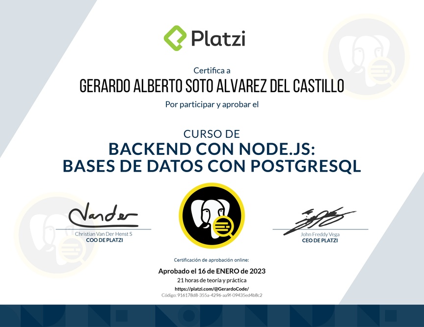 Diploma del Curso de Backend con Node.js: Base de Datos con PostgreSQL