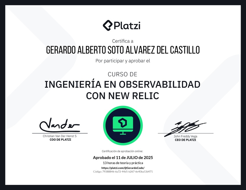 Diploma del Curso de Ingeniería en Observabilidad con New Relic