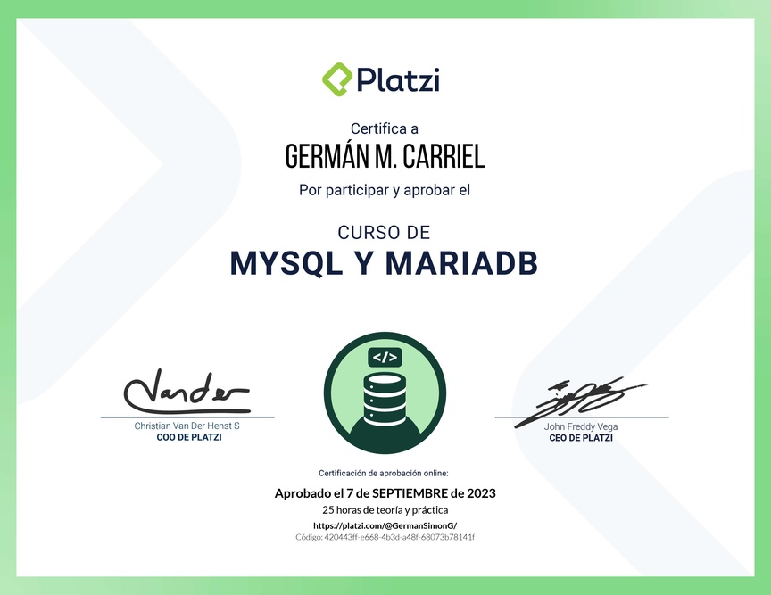 Diploma del Curso de Bases de Datos con MySQL y MariaDB
