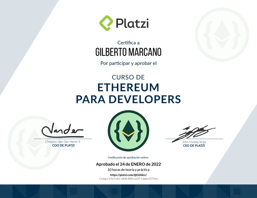 Diploma del Curso de Ethereum para Developers