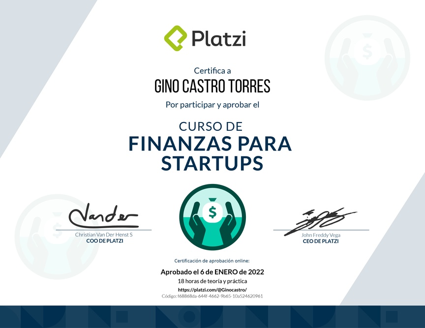 Diploma del Curso de Finanzas para Startups