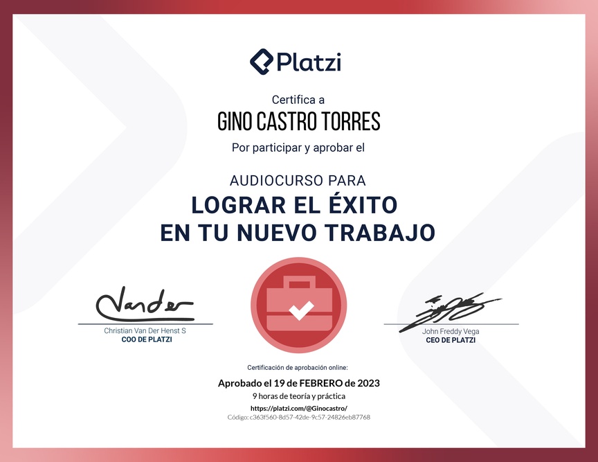 Diploma de Audiocurso para Lograr el Éxito en tu Nuevo Trabajo