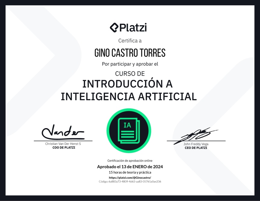 Diploma del Curso de Introducción a Inteligencia Artificial (2023)