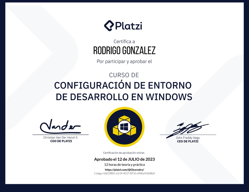 Diploma del Curso de Configuración de Entorno de Desarrollo en Windows