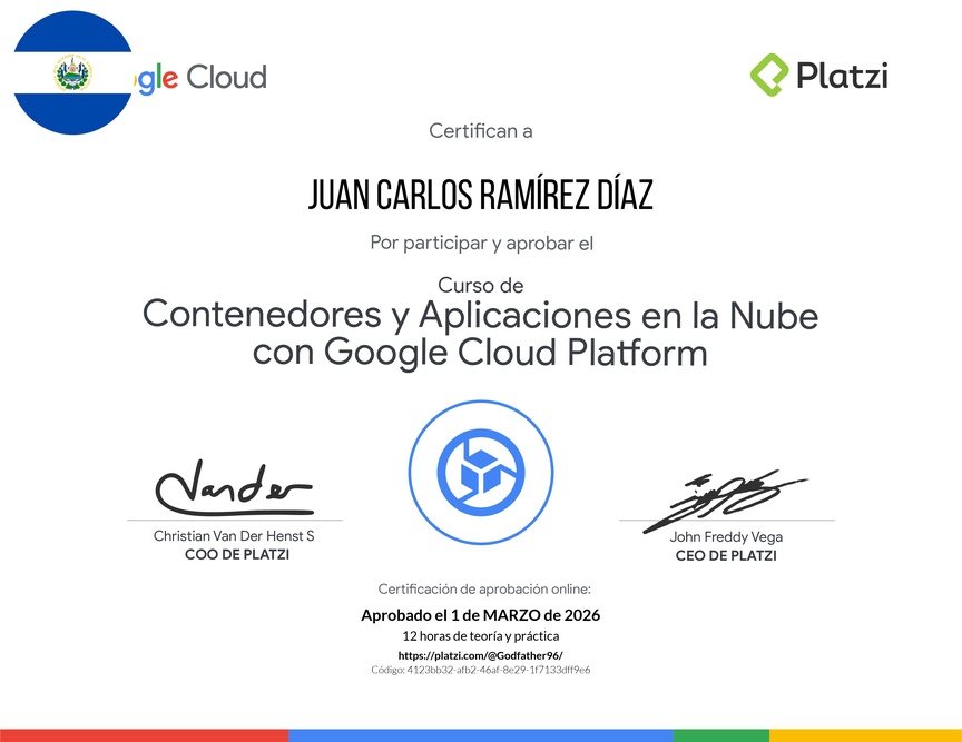 Diploma del Curso de Contenedores y Aplicaciones en la Nube con Google Cloud Platform