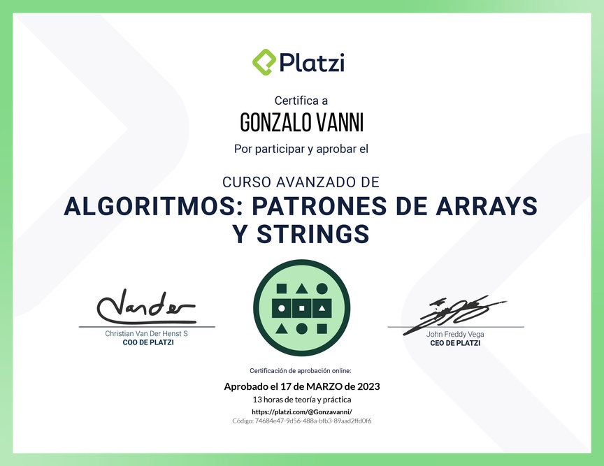 Diploma del Curso de Algoritmos Avanzados: Patrones de Arrays y Strings