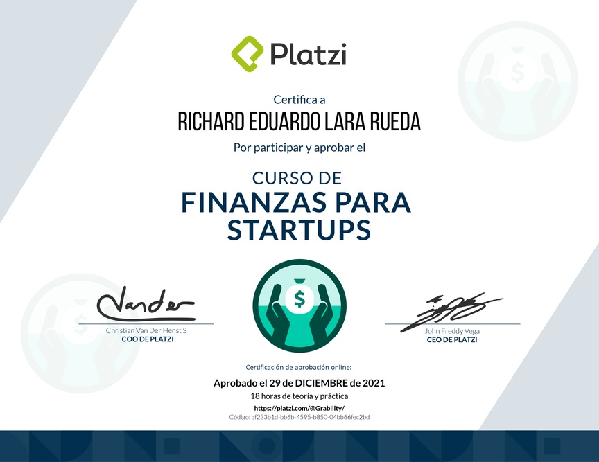 Diploma del Curso de Finanzas para Startups