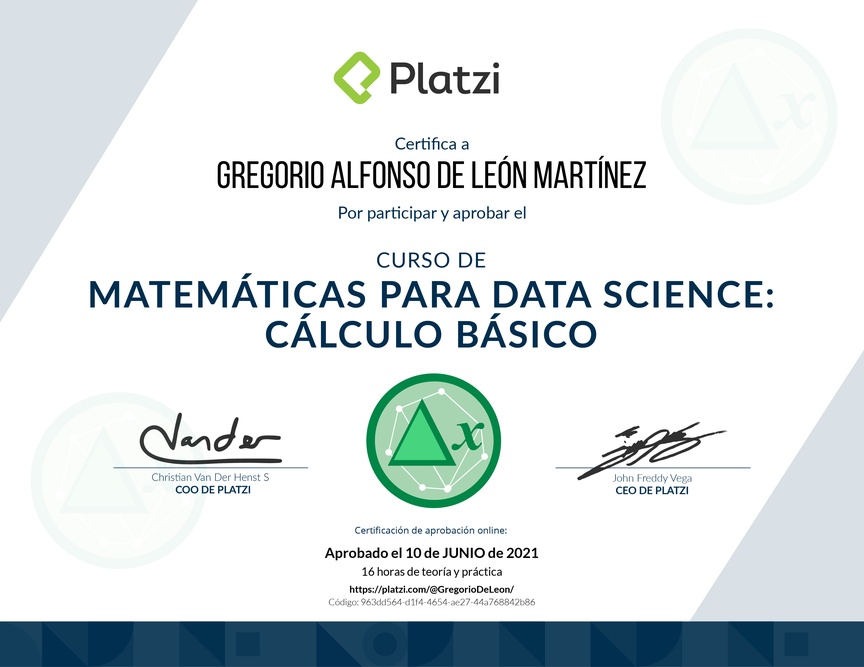 Diploma del Curso de Matemáticas para Data Science: Cálculo Básico