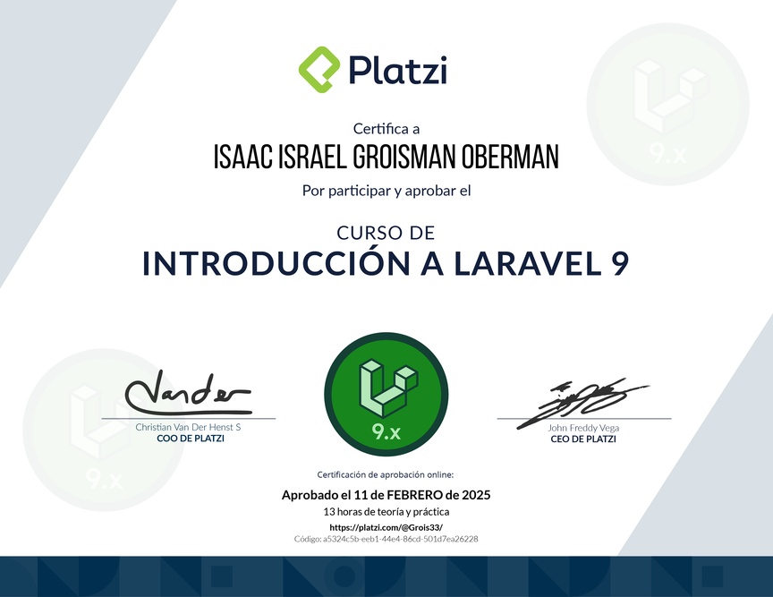 Diploma del Curso de Introducción a Laravel 9