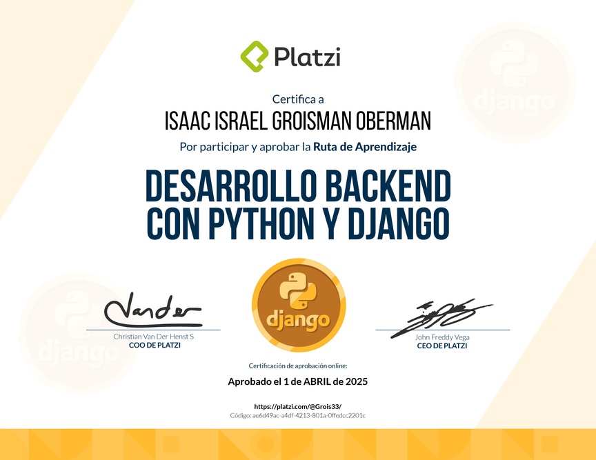 Diploma de la Ruta de Aprendizaje de Desarrollo Backend con Python y Django