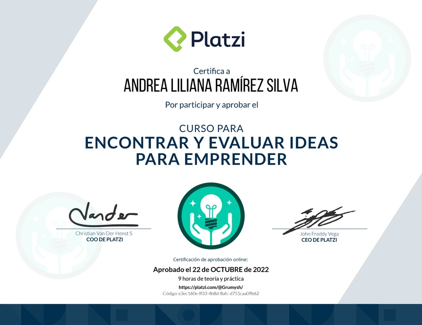 Diploma del Curso para Encontrar y Evaluar Ideas para Emprender