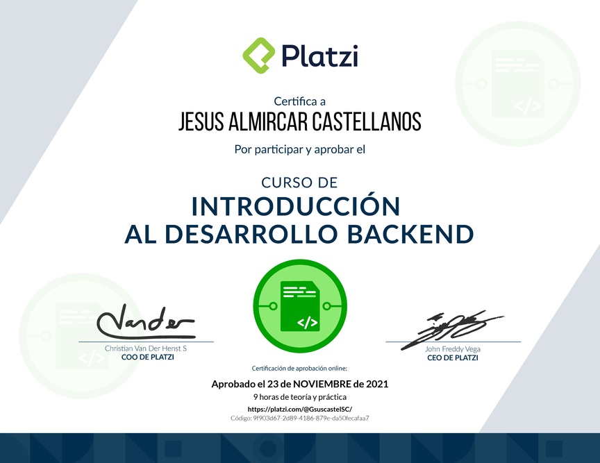 Diploma del Curso de Introducción al Desarrollo Backend