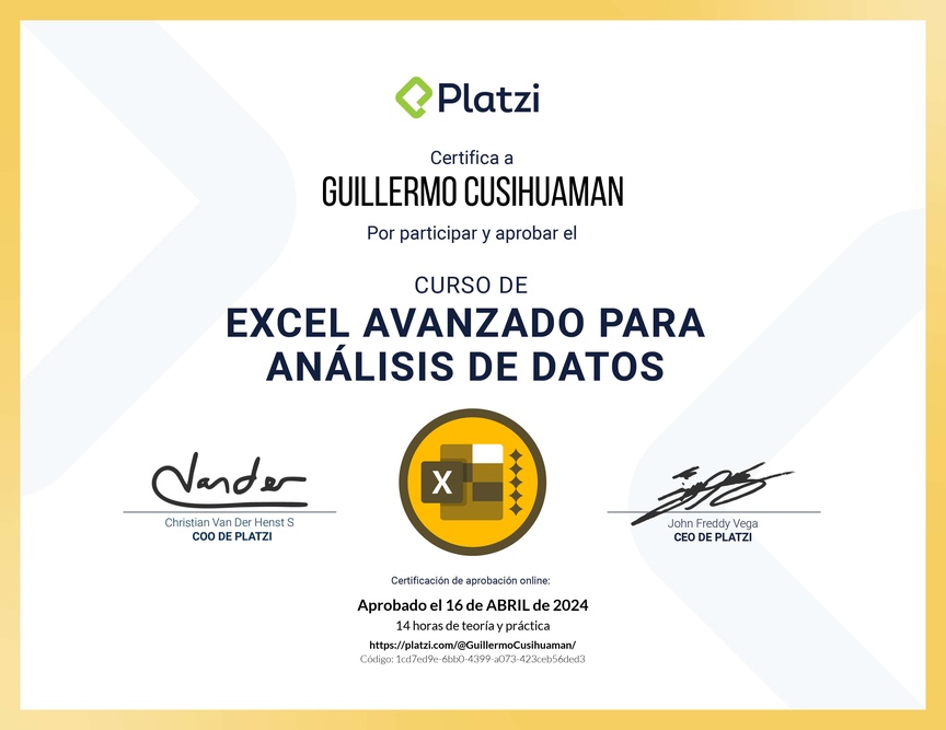 Diploma del Curso de Excel Avanzado para Análisis de Datos