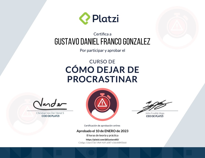 Diploma del Curso de Cómo Dejar de Procrastinar