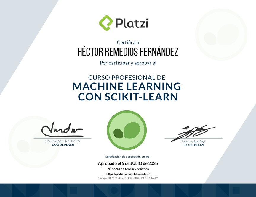 Diploma del Curso Profesional de Machine Learning con scikit-learn