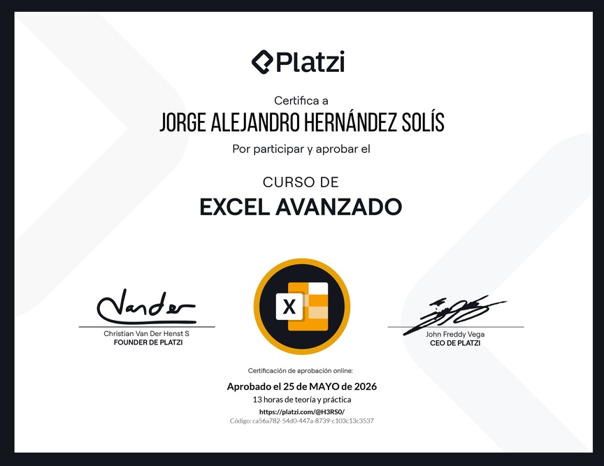 Diploma del Curso de Excel Avanzado