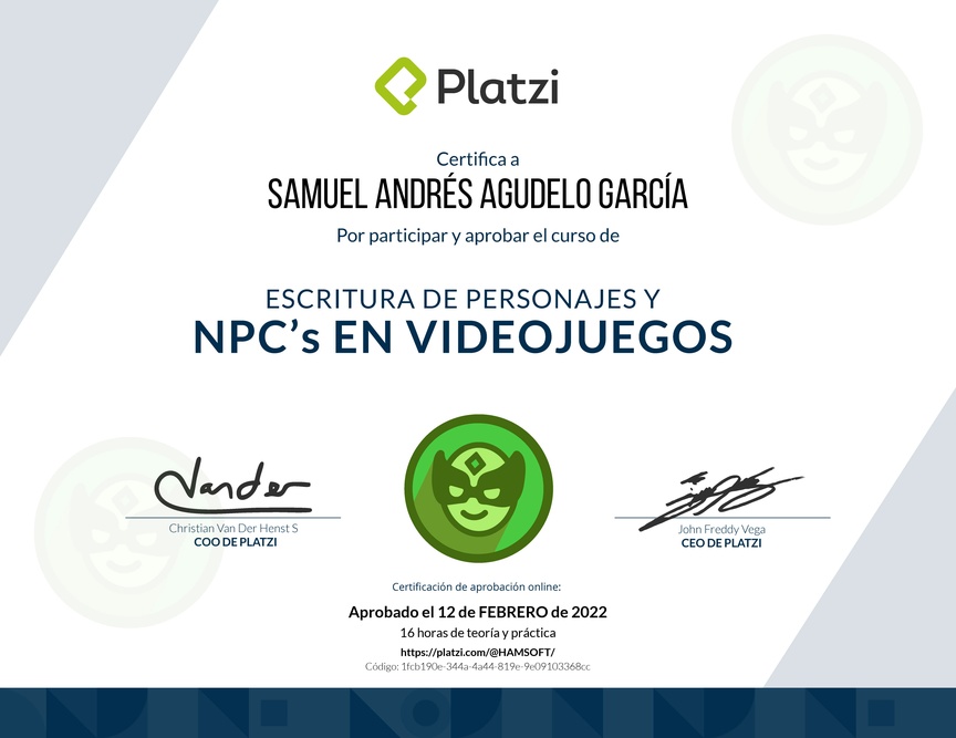 Diploma del Curso de Escritura de Personajes y NPC en Videojuegos