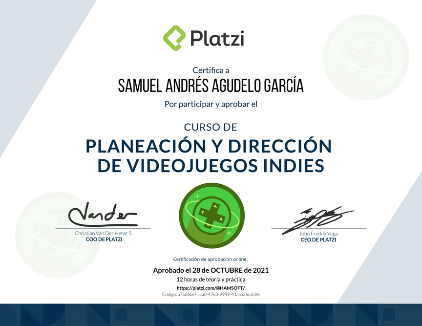Diploma del Curso de Planeación y Dirección de Videojuegos Indies