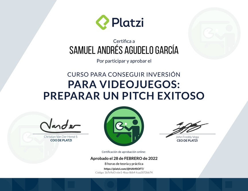 Diploma del Curso para Conseguir Inversión para Videojuegos: Preparar un Pitch Exitoso