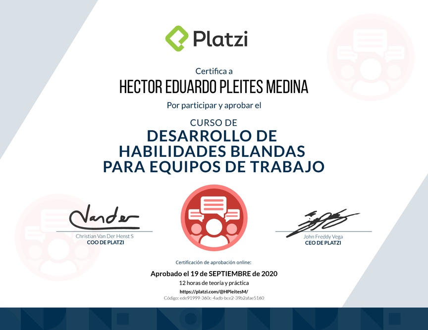 Diploma del Curso de Desarrollo de Habilidades Blandas para Equipos de Trabajo