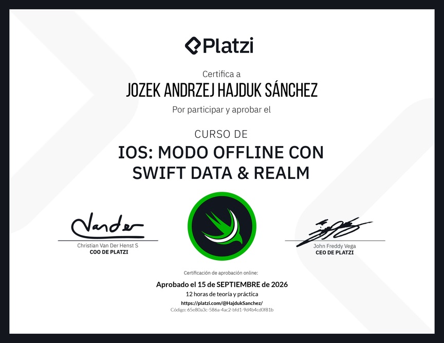 Diploma del Curso de iOS: Modo Offline con Swift Data y Realm