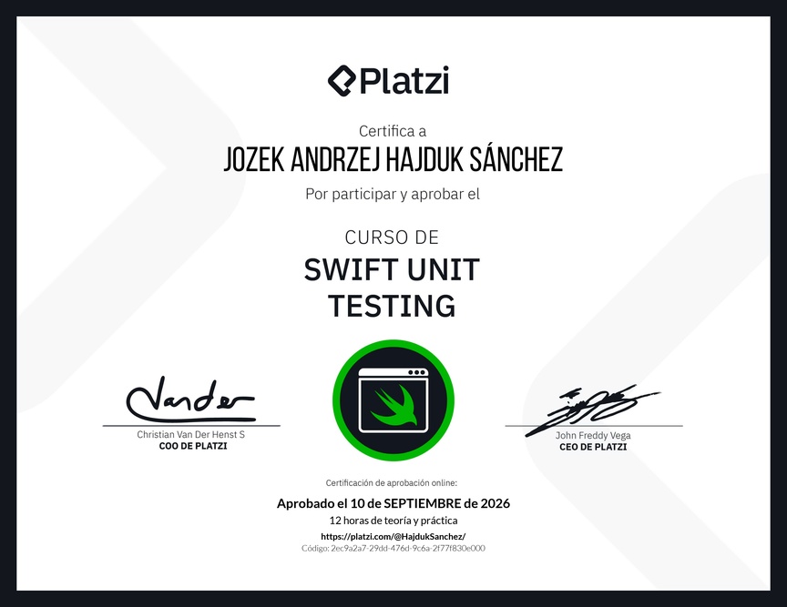 Diploma del Curso de Swift Unit Testing