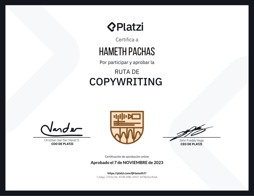 Diploma de la Ruta de Aprendizaje de Copywriting y storytelling para creación de contenidos