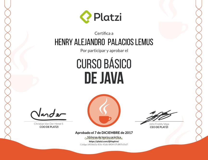 Diploma del Curso básico de Java 2015