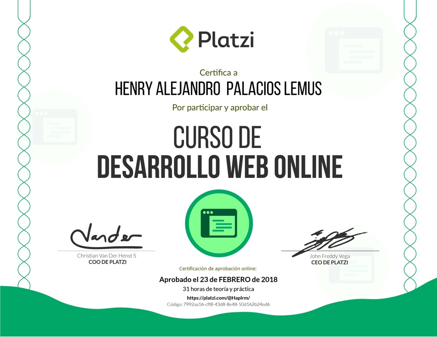Diploma del Curso de Desarrollo Web Online 2016