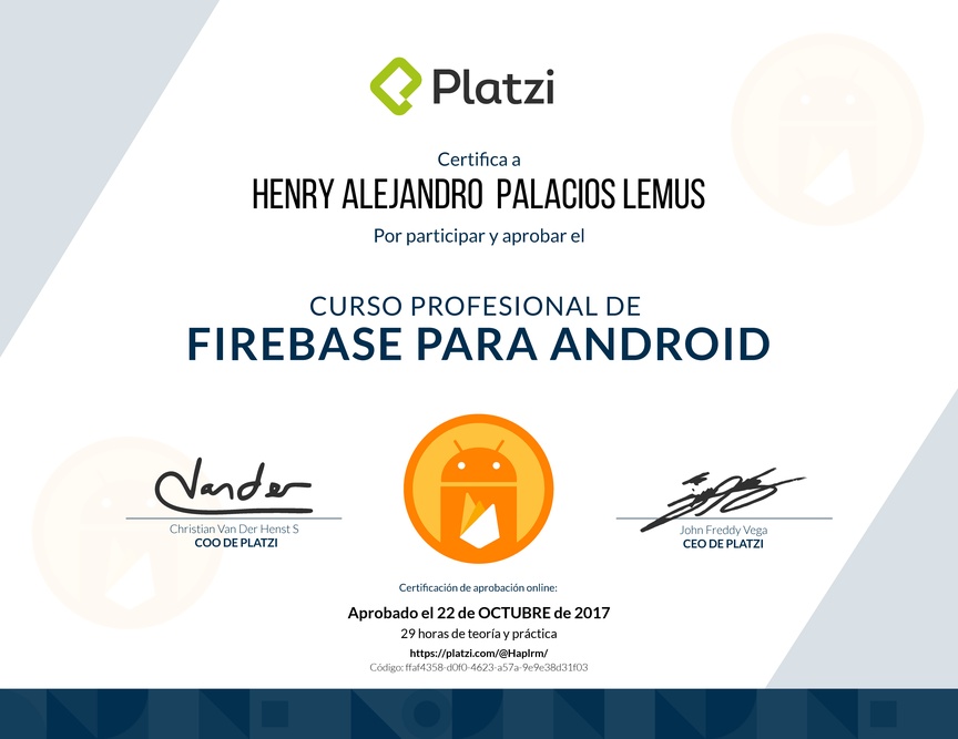 Diploma del Curso Profesional de Firebase para Android 2017