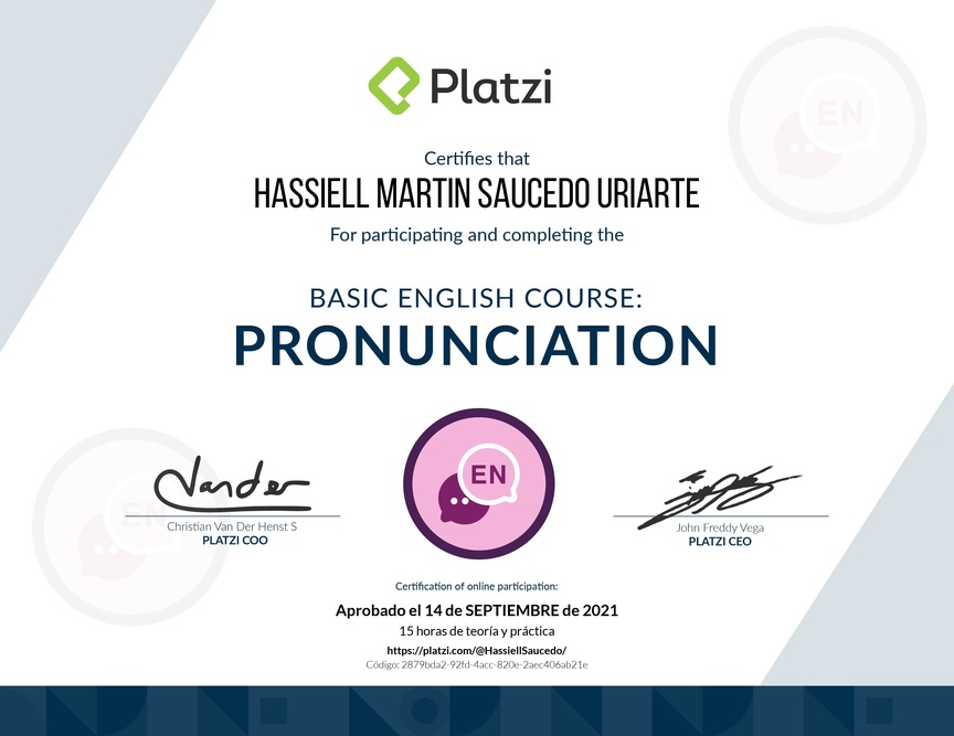 Diploma del Curso de pronunciación básica en Inglés 2020