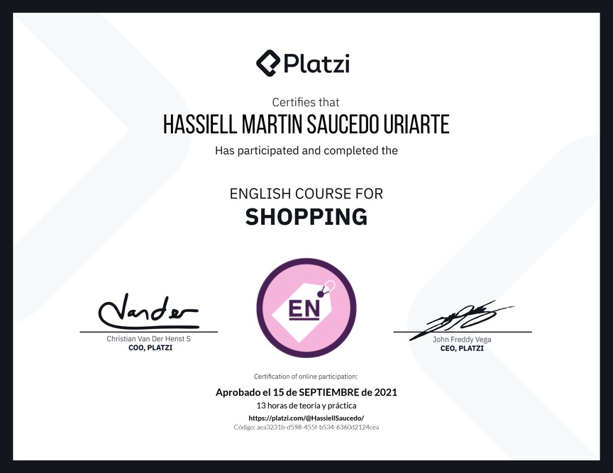 Diploma del Curso de Inglés para Compras (2020)