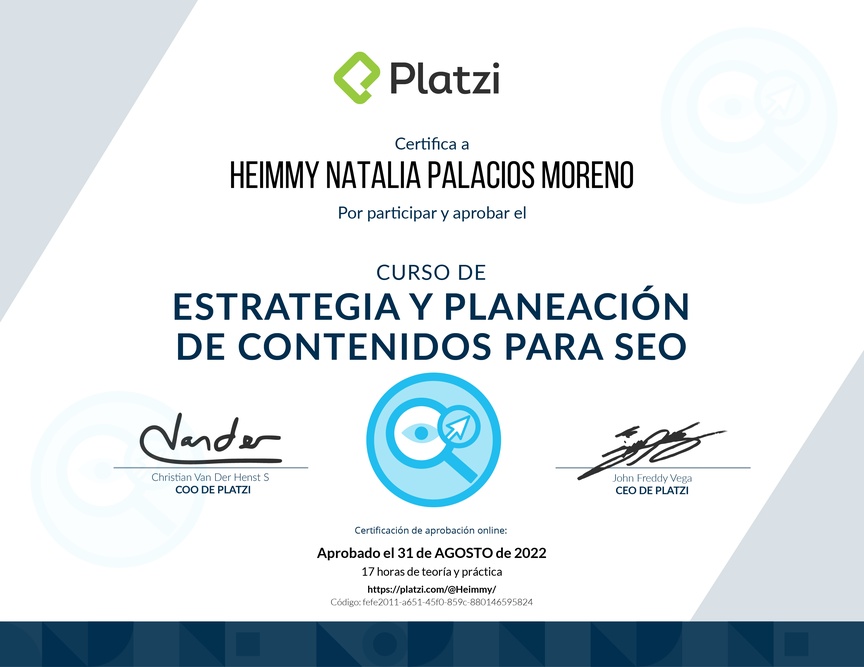 Diploma del Curso de Estrategia y Planeación de Contenidos para SEO (2020)