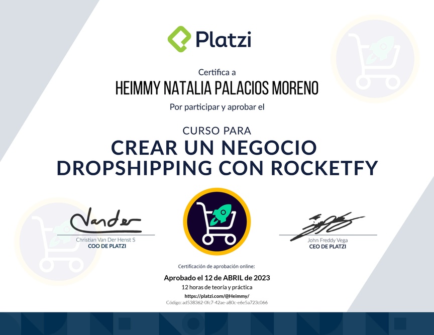 Diploma del Curso para Crear un Negocio Dropshipping con Rocketfy