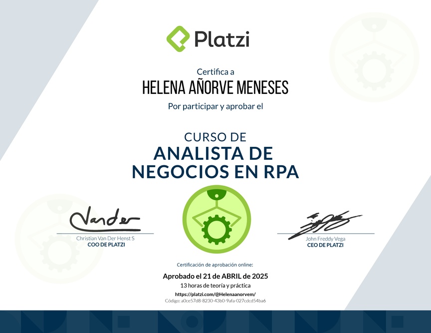 Diploma del Curso de Business Analyst para RPA