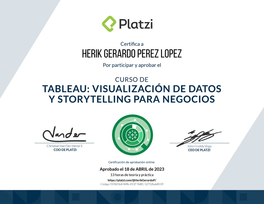 Diploma del Curso de Tableau: Visualización de Datos y Storytelling para Negocios