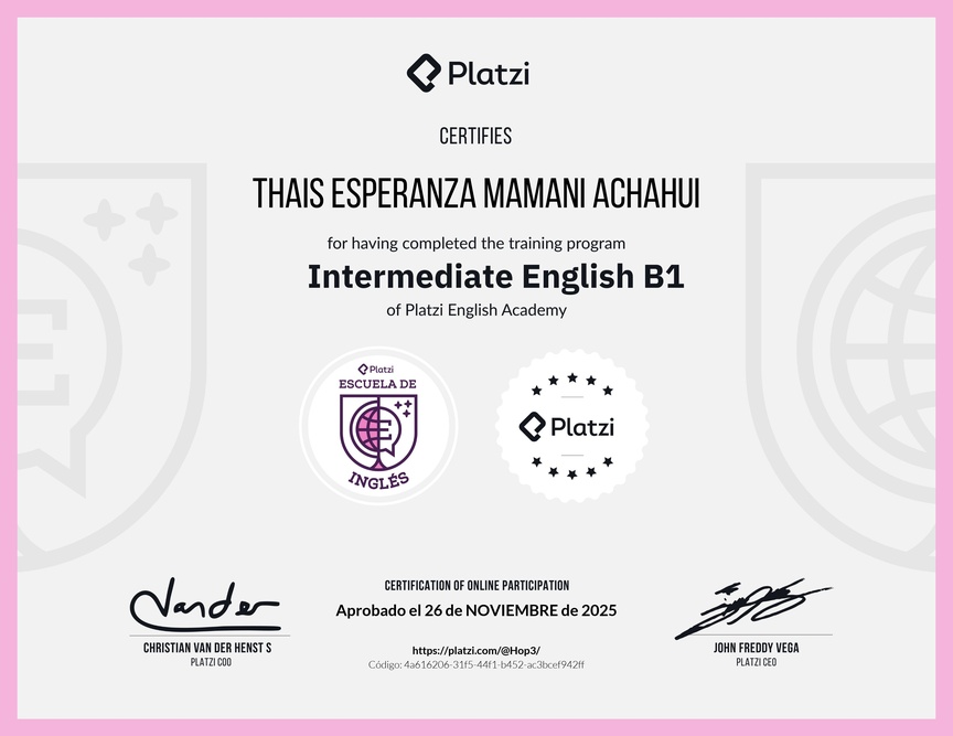 Diploma de la Ruta de Aprendizaje de Inglés Intermedio B1