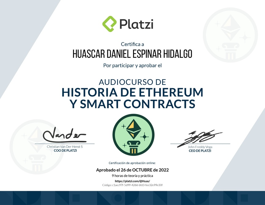 Diploma de Audiocurso de Historia de Ethereum y Smart Contracts