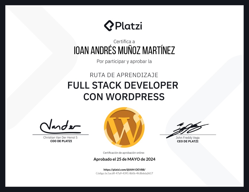 Diploma de la Ruta de Aprendizaje de Full Stack con WordPress