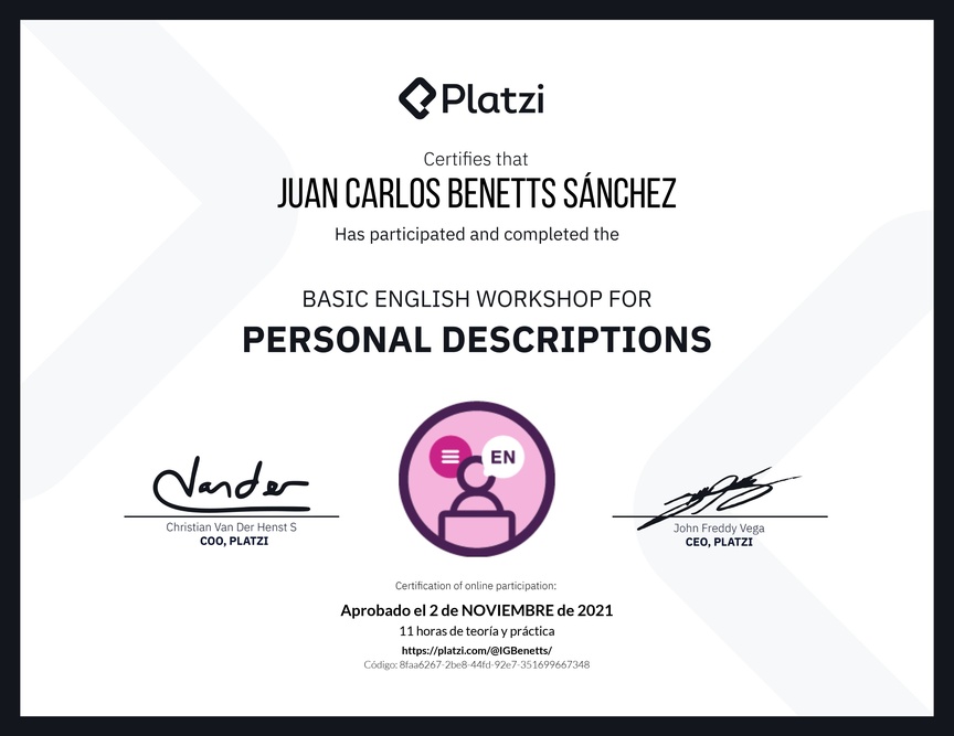 Diploma del Curso de Inglés Práctico para Descripciones Personales (2020=