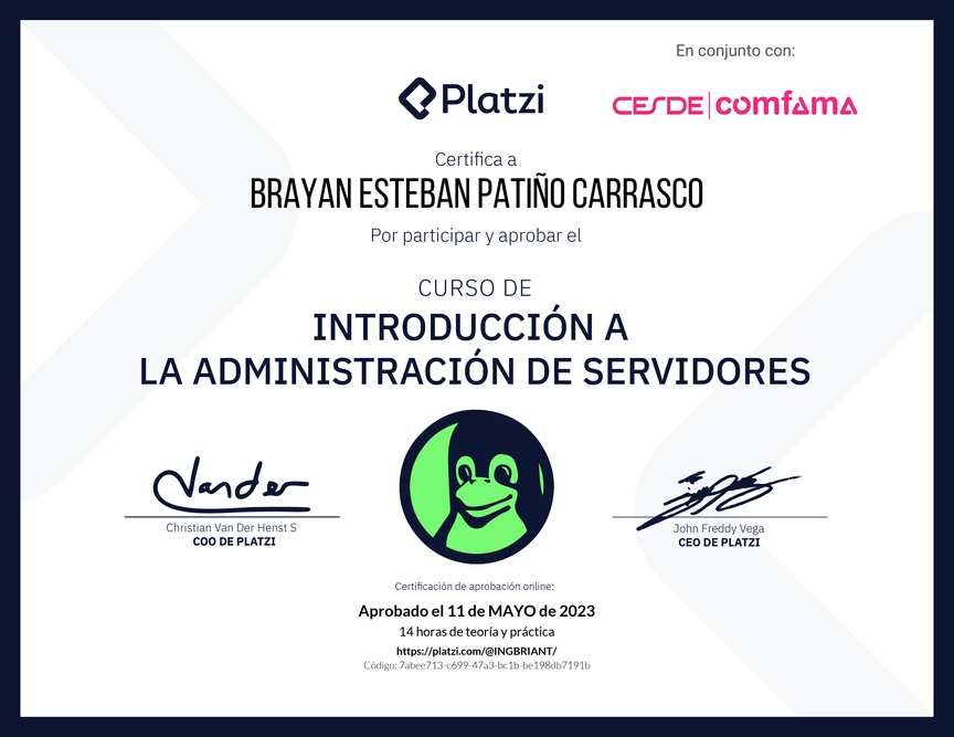 Diploma del Curso de Introducción a la Administración de Servidores Linux