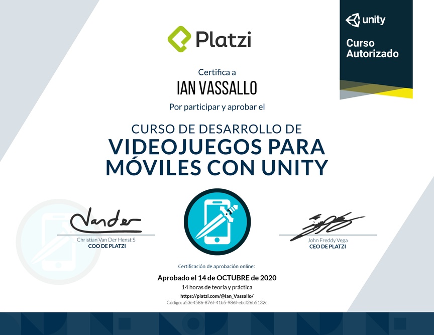 Diploma del Curso de Desarrollo de Videojuegos para Móviles con Unity