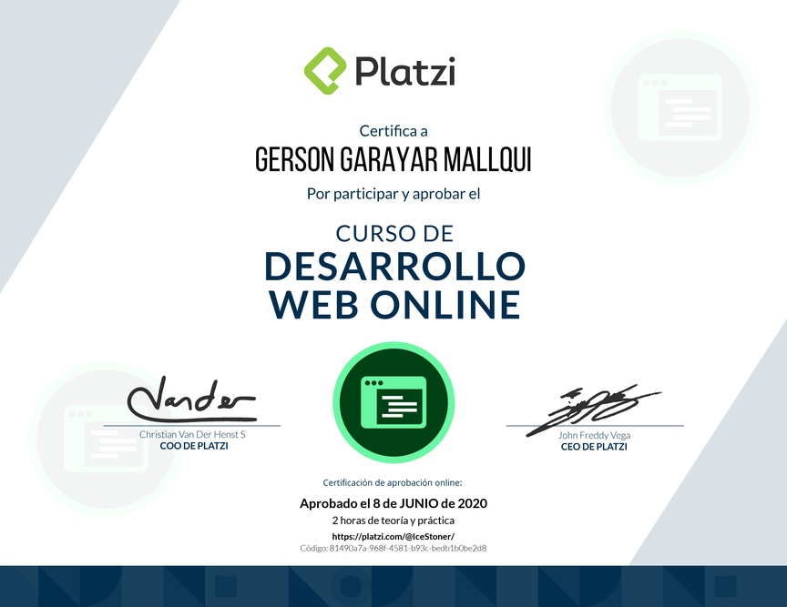 Diploma del Curso de Desarrollo Web Online
