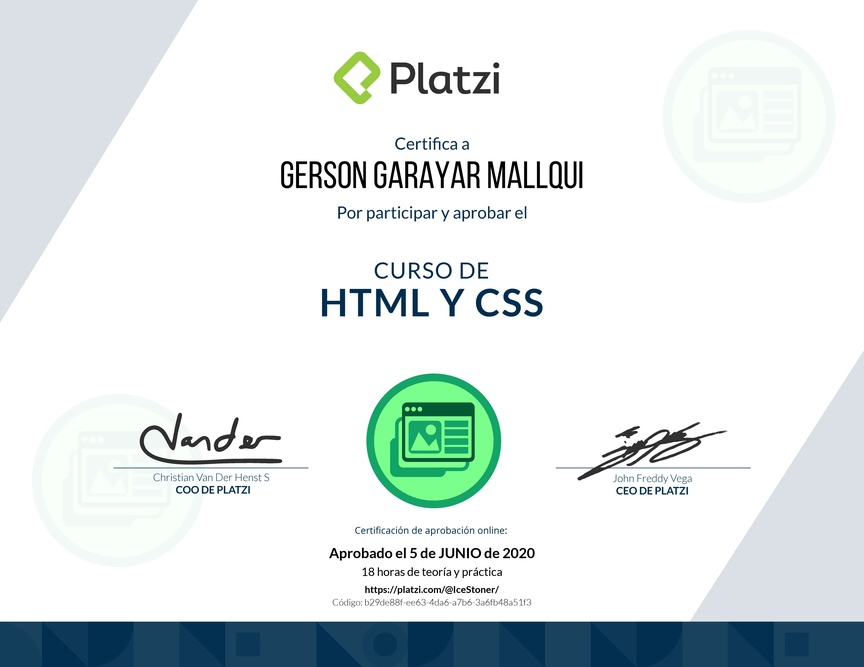 Diploma del Curso de HTML y CSS 2019