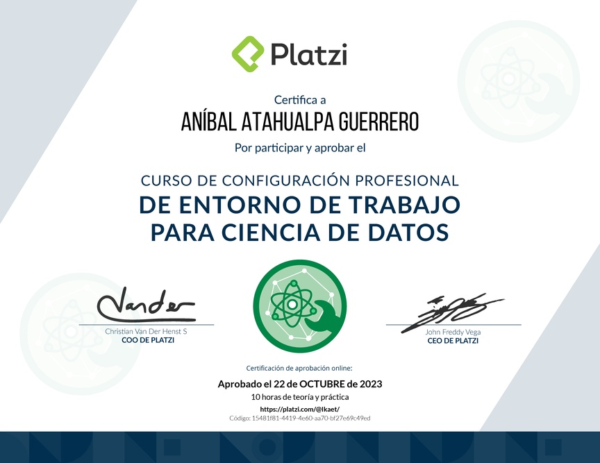 Diploma del Curso de Configuración Profesional de Entorno de Trabajo para Ciencia de Datos