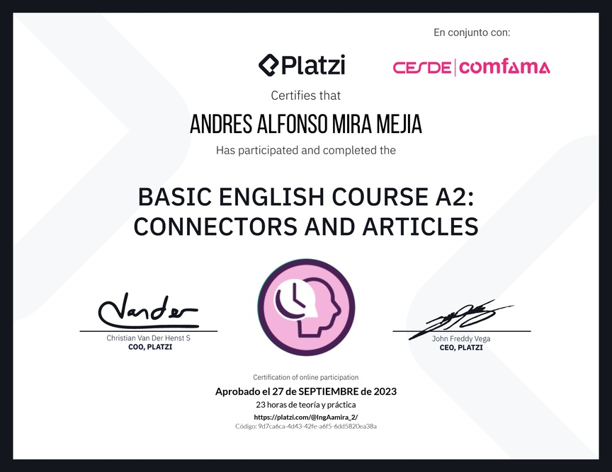 Diploma del Curso de Inglés Básico A2: Conectores y Artículos
