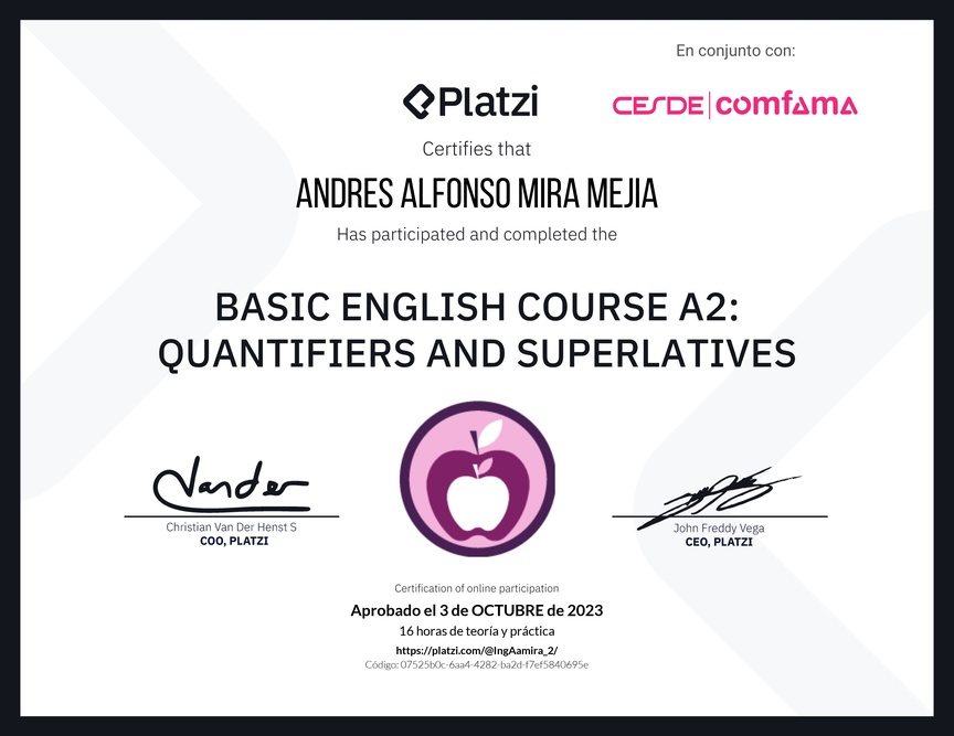Diploma del Curso de Inglés Básico A2: Cuantificadores y Superlativos