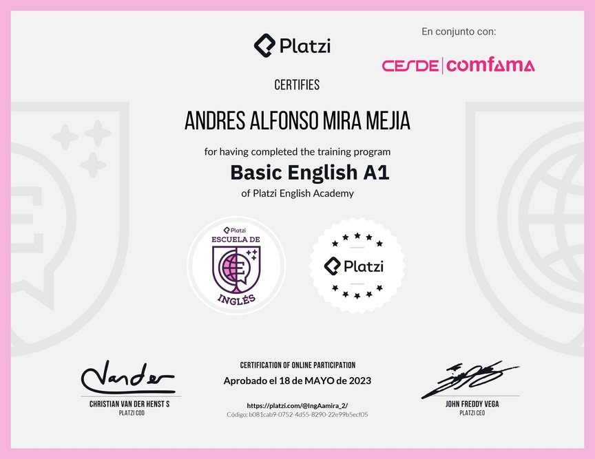 Diploma de la Ruta de Aprendizaje de Inglés Básico A1
